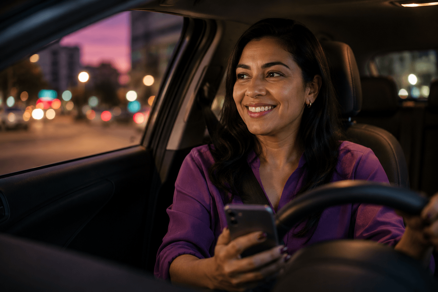Motorista mulher em carro urbano representando mobilidade feminina segura e acolhedora