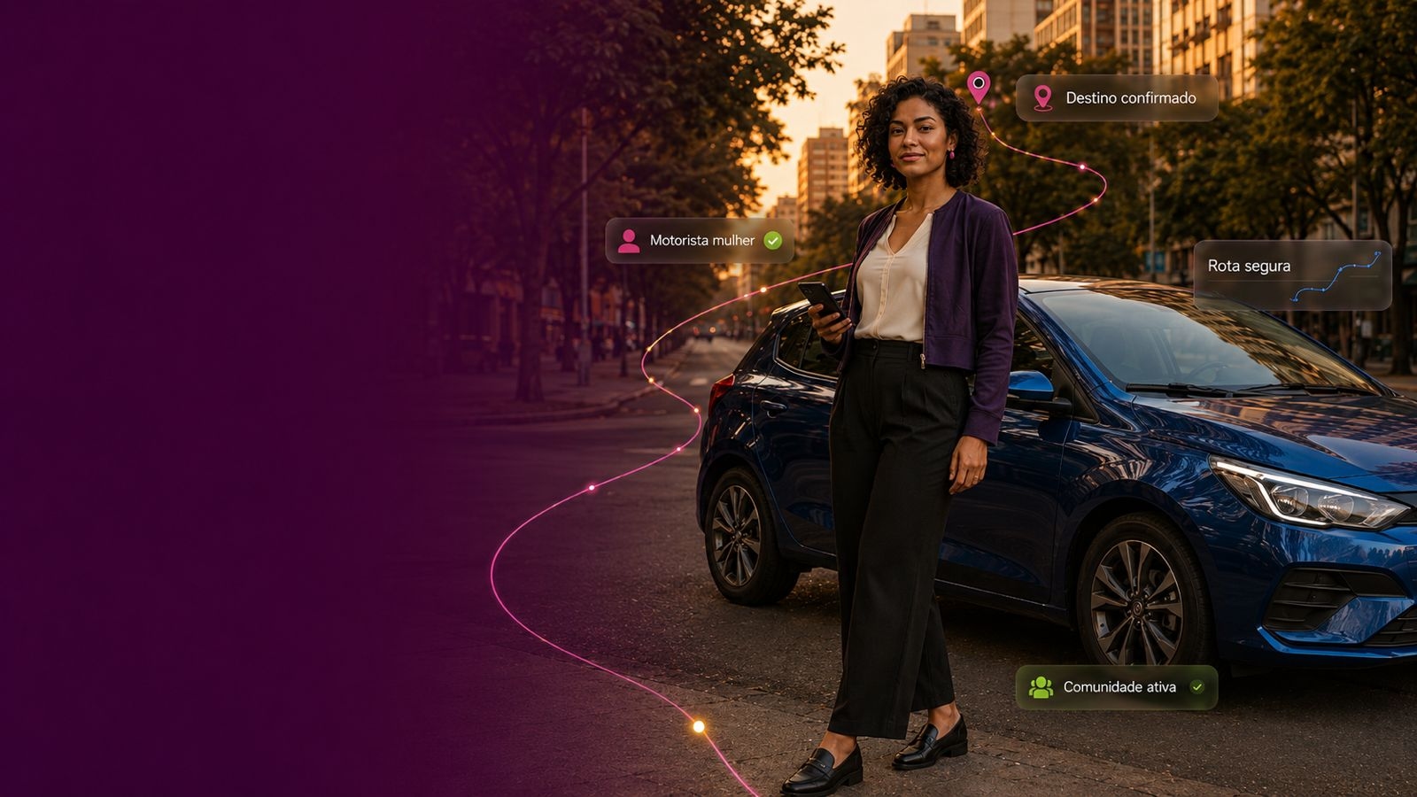 Mulher motorista ao lado de SUV moderno em Belo Horizonte, representando mobilidade feminina segura com a Destino Delas